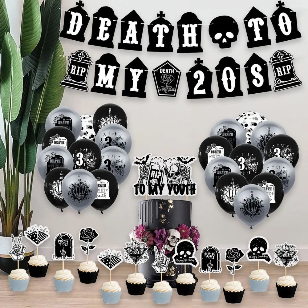 Death to My 20s Birthday Decorations,Gothic Birthday Party Banner,Latex Balloons,Cake Cupcake Toppers 30th Birthday Party Decor