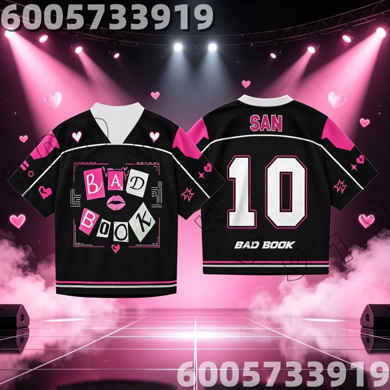 Y2K Pink Black Heart Graphic Kpop Game Jersey,ATEEZ San #10 Bad Book Uniform, Lip Star Print Streetwear for Family Kids Tees