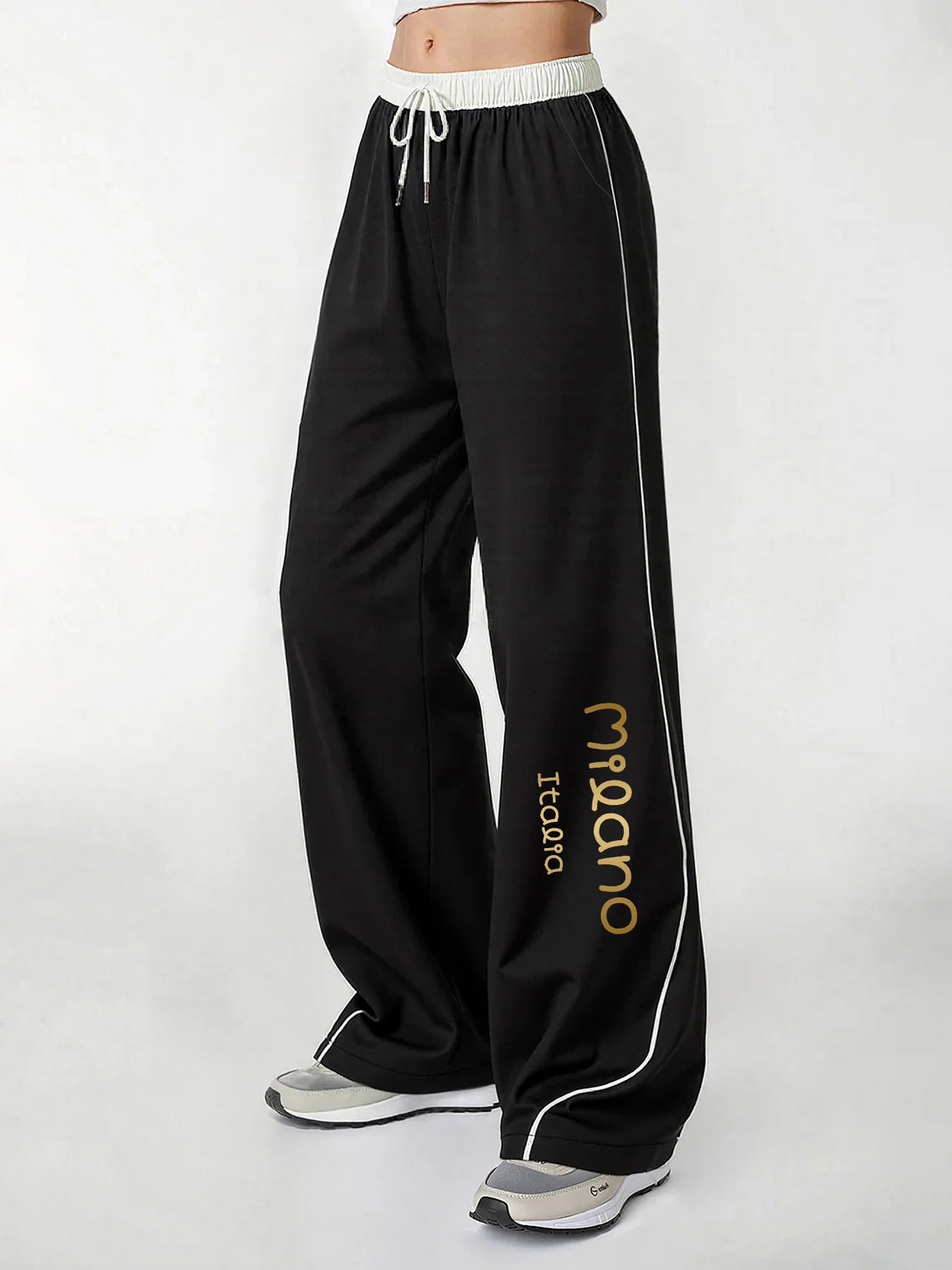 Women's Casual Pants, a Must-Have for Trendy Looks, Casual Everyday Style for Spring and Autumn. Milano Italia Printed Wide-Leg Pants with Drawstring Waistband, Strong Drape Effect, Comfortable and Versatile Women's Trousers for Spring and Autumn, Home Rest, Women's Clothing