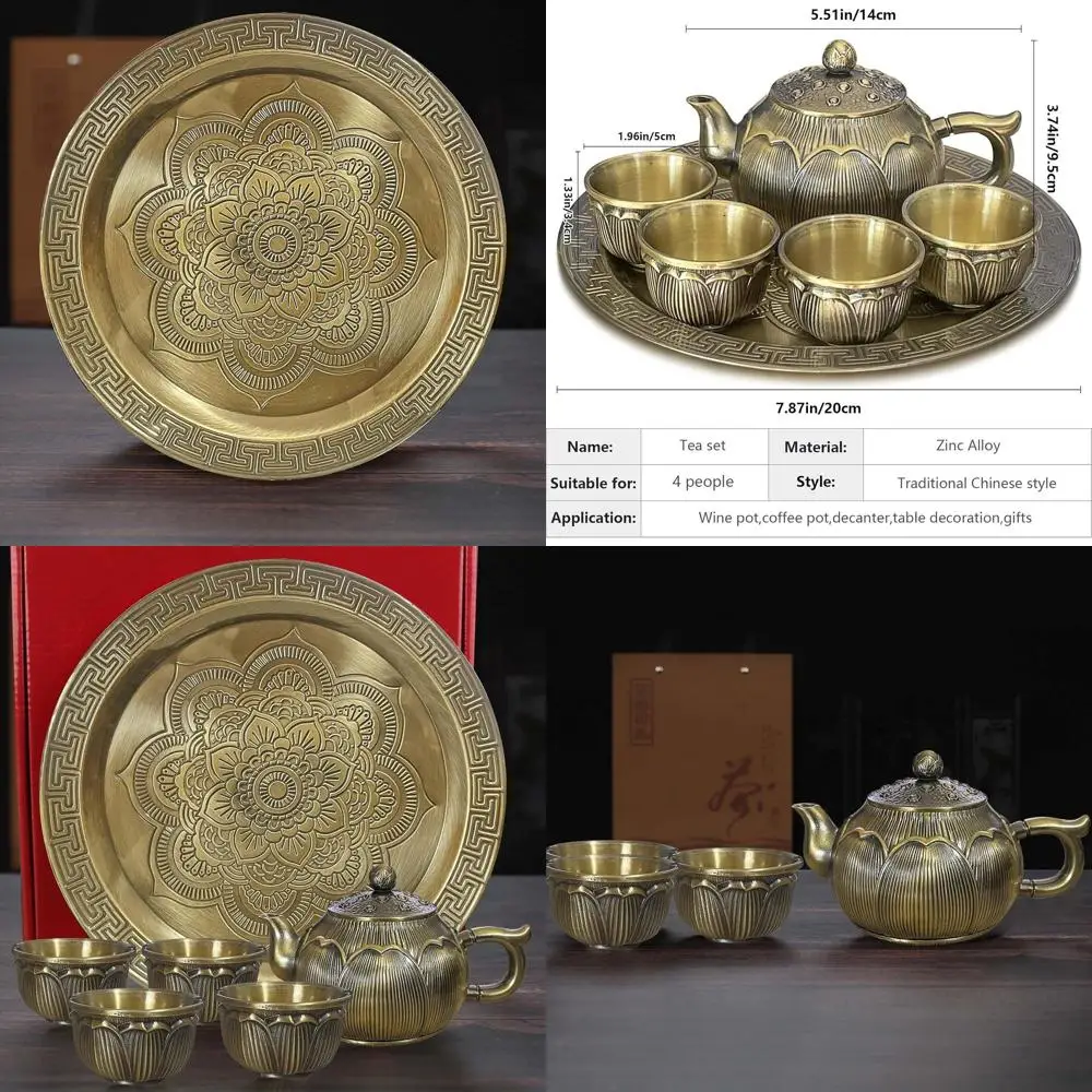 

Traditional Chinese Gongfu Tea Set with 4 Metal Cups, Lotus-Themed Teapot, and Tray for Serving or Decor