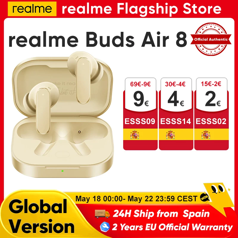 Realme Buds Air 8 Nouveaux �couteurs Bluetooth avec assistant IA, 55 Db et 58 heures d'autonomie pour Realme 16 Pro Plus, Realme Gt et 8 Pro