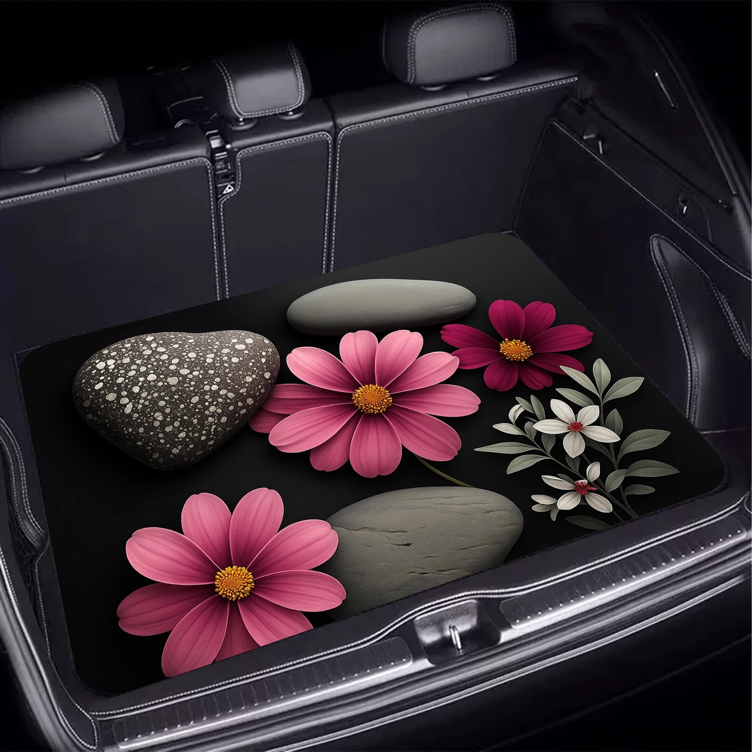 1 pièce de tapis de coffre de voiture en polyester à motif harmonieux de fleurs Tranquil Stone - Anti-poussière, durable, facile à nettoyer, élégant et raffiné