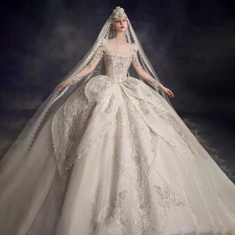 Luxury Court Queen's Wedding Dress Heavy craftsmanship France Louvre Amanda Novia Haute Couture Long Sleeve Bride Dress Weddings