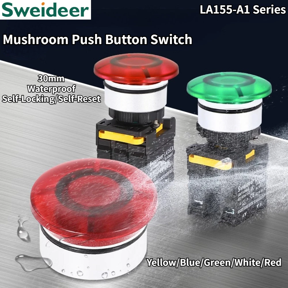 

Mushroom Button Switch with Light Waterproof Momentary Reset Panelboard rotary electrical power Switch 12V 24V 220V 1NO 1NC Red