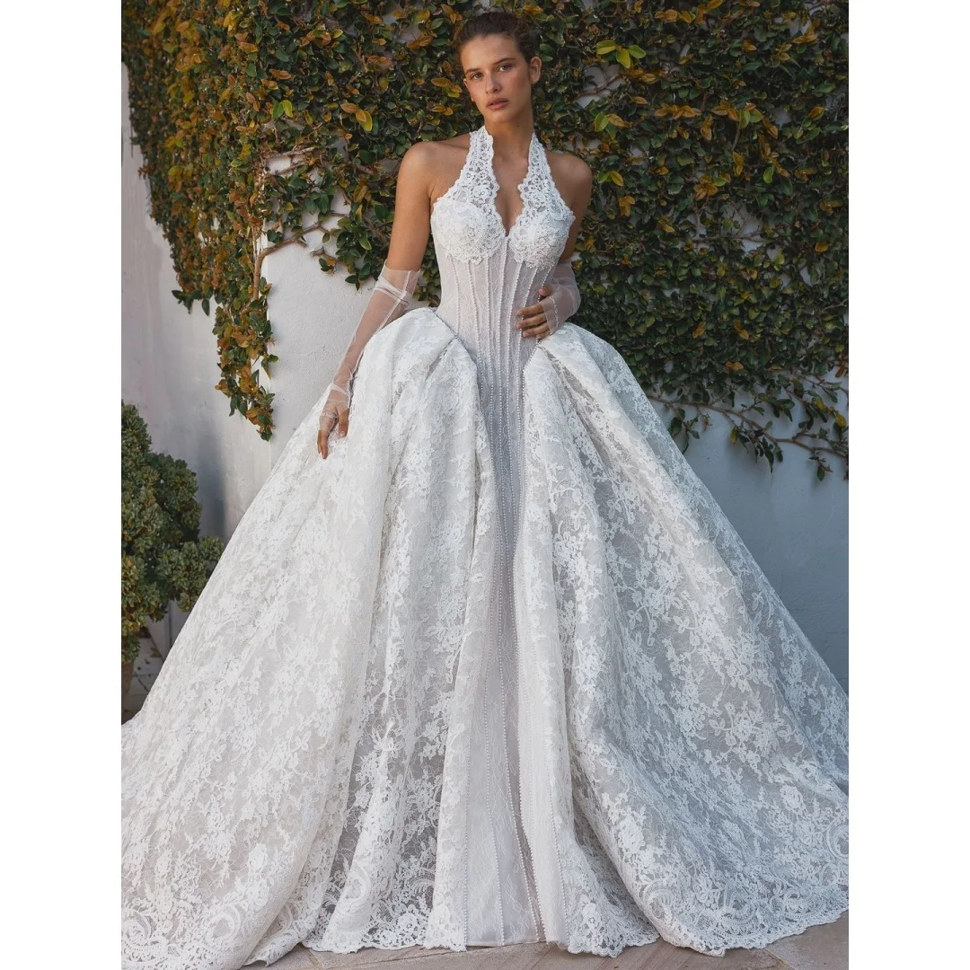 Exquisite Wedding Dresses A Line Halter Neck Lace Bridal Gown Bustier Corset Beading robe de mariée Customized