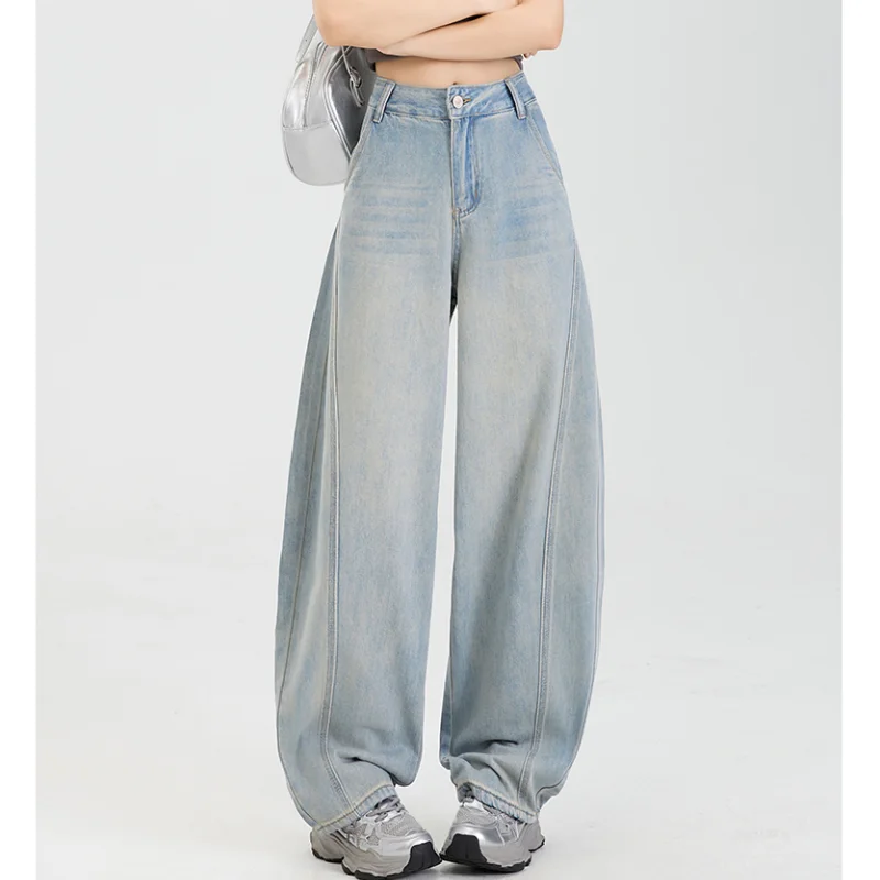 Jeans bianco sporco donna Y2K jeans vintage a vita alta dritto blu streetwear pantaloni casual larghi in denim a gamba larga di grandi dimensioni