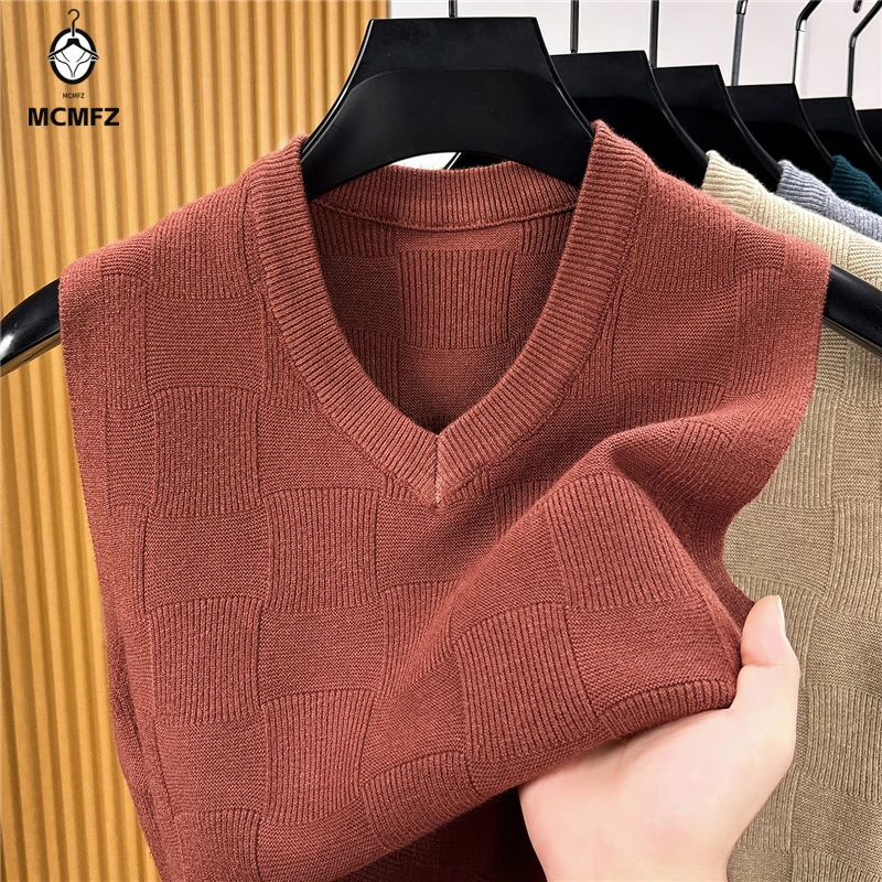 Mens Casual Textured Knit Sleeveless Tank Top V Neck Jacquard Pattern Sweater Vest Breathable Knitwear Office Inner Garment