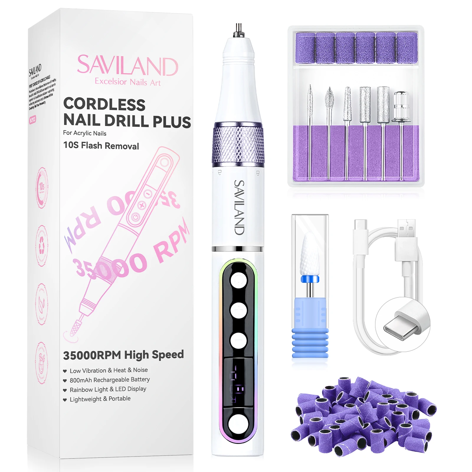 

SAVILAND Аккумуляторная дрель для ногтей, 35000 об/мин, 10 с, для удаления, светодиодный дисплей, перезаряжаемая электрическая пилочка для ногтей для салона, путешествий, профессионалов