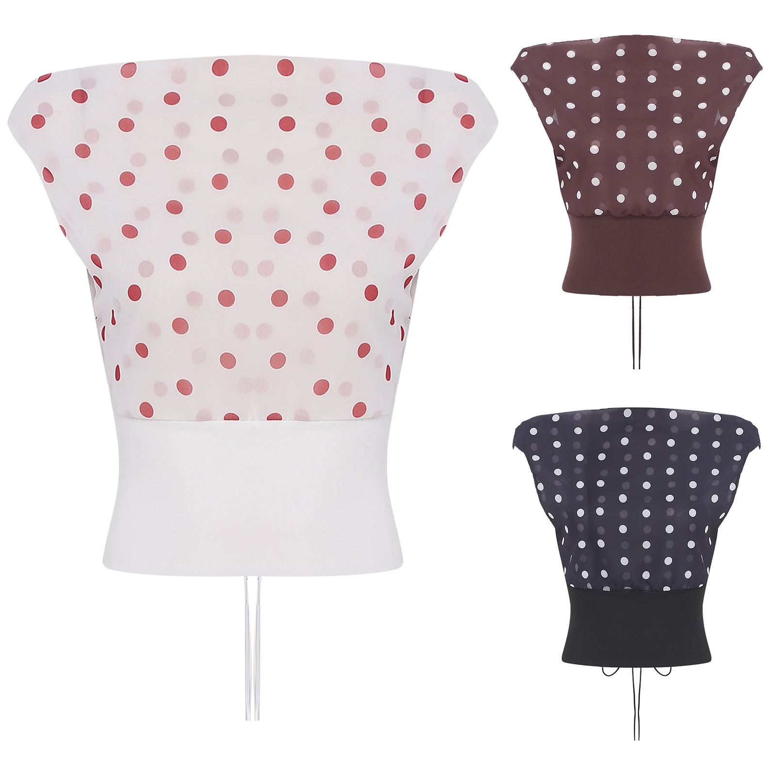 

Fashion Women Chiffon Polka Dot Crop Top Off Shoulder Sleeveless Backless Lace-up T-shirt Blouse for Office Work Casual Wear