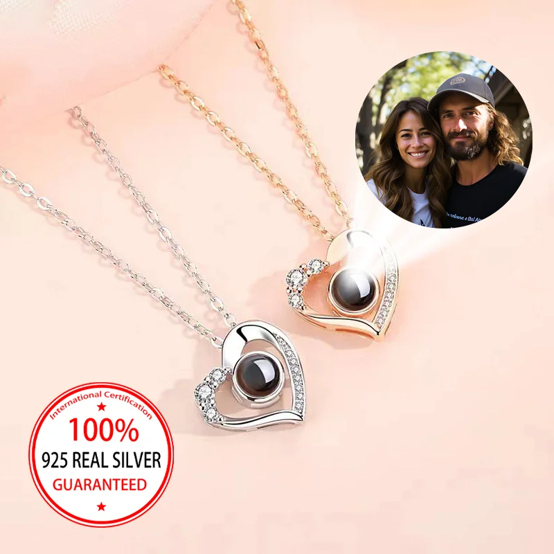 

925 Sterling Silver Custom Color Picture Projection Heart Pendant Necklace Elegant Classic Mother's Day Christmas Gift Wedding