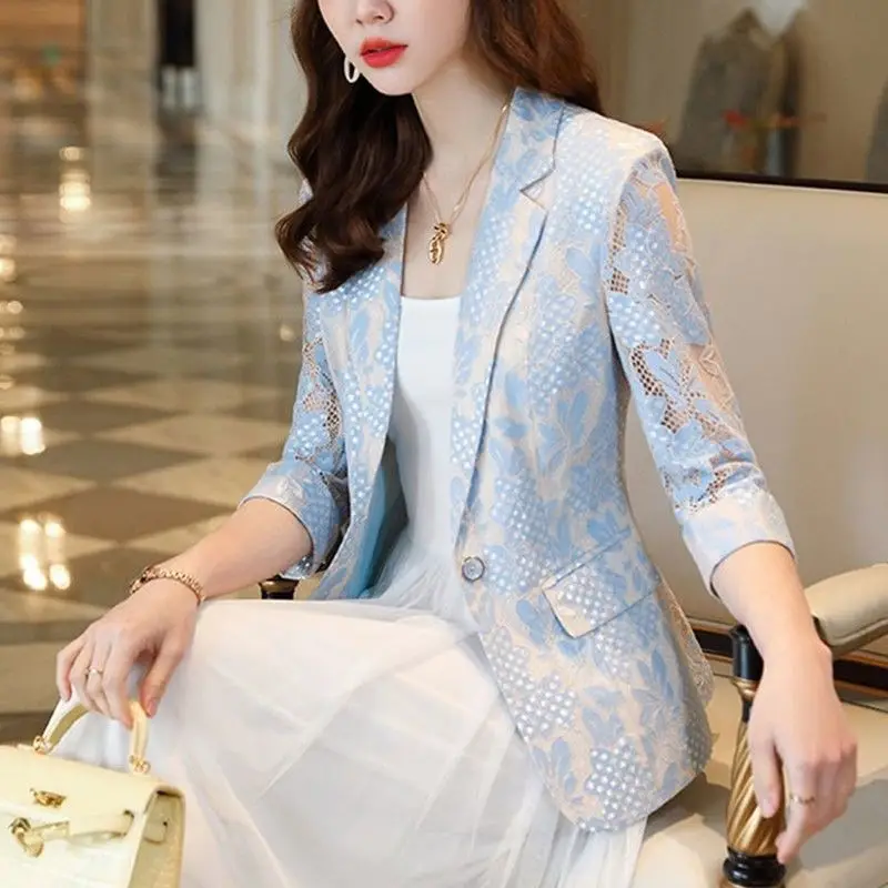 Office Lady Slim Single Button Suits pizzo floreale elegante scava fuori primavera estate New 3/4 Sleeve Fashion blazer con colletto su misura