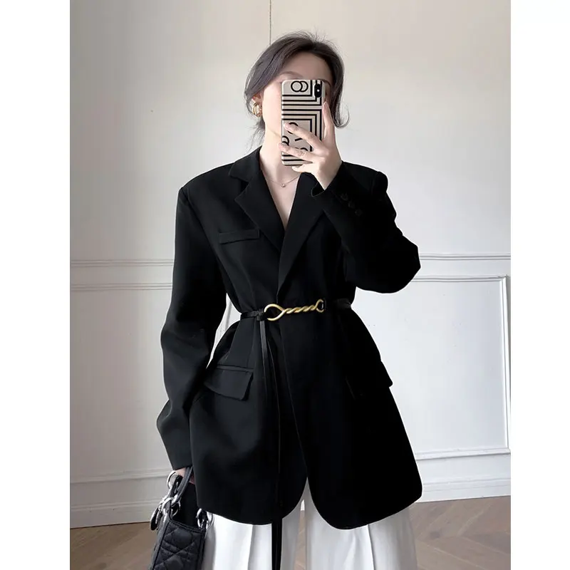 Black Suit Jacket Women 2022 New Vintage Autumn Spring Fashion Loose Blazer Jackets With Belt Female Office Ladies Outwear 2022