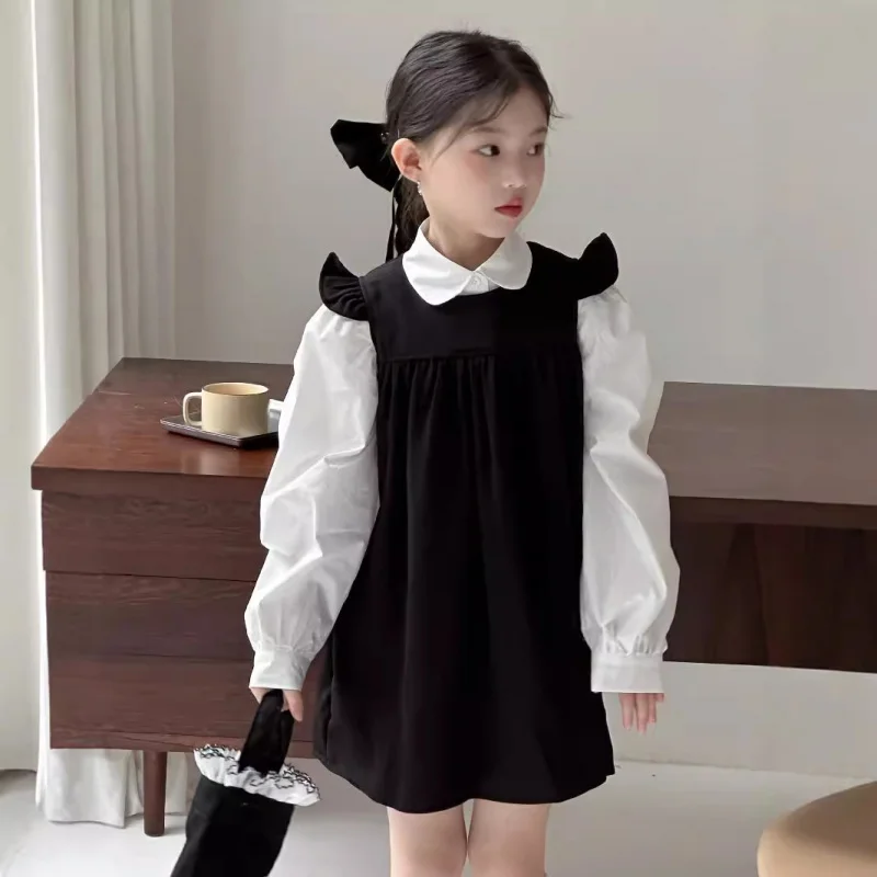 

77328 Children's Suit Autumn Girls' Preppy Style Shirt Flounced Sleeve Dress Suit Vest Skirt Two-Piece Set