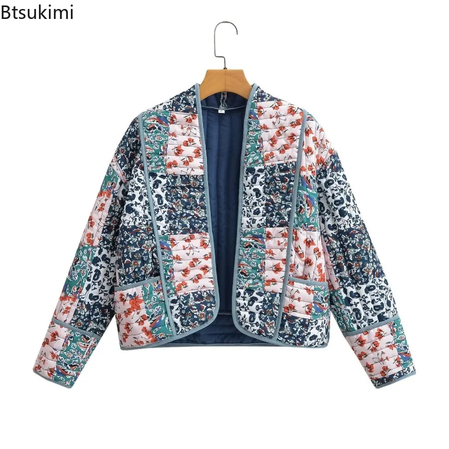 New Women Autumn Quilted Jacket Short Floral Print Jacket Coat with Pocket Casual Office Lady Parka Fashion Street Short Jacket