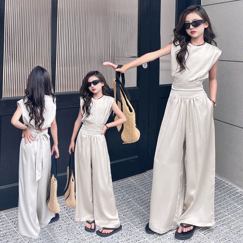 

Girls Suits Summer Set 2024 New Children Fashion Summer Dress Big Children Girls Western-style Wide-leg Pants Two-piece Set