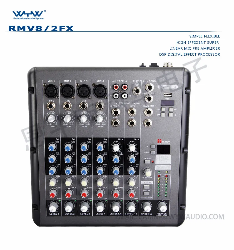 RMV8/2FX 4Mono 2Stereo Channels Professional Mini Mixer