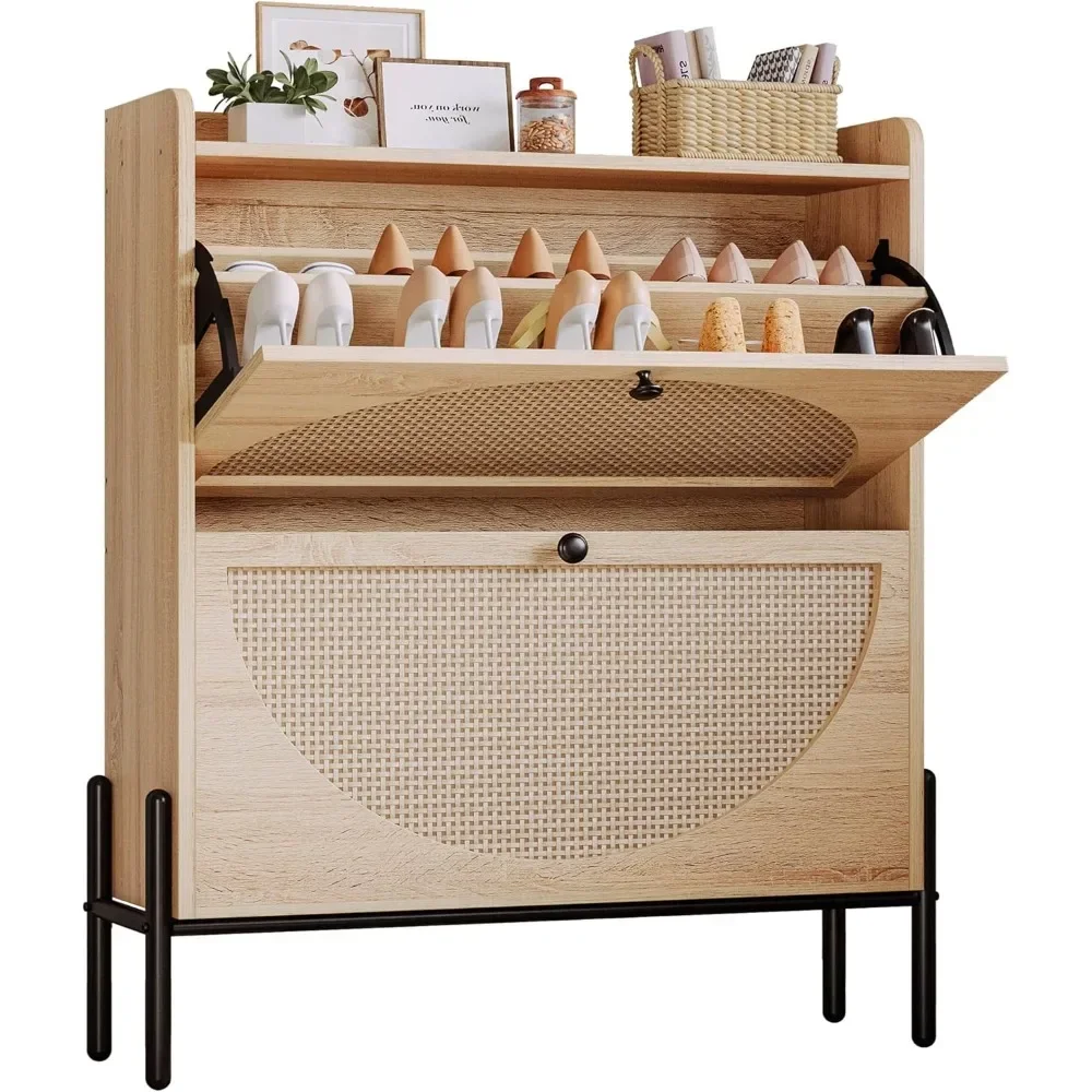 

shoe cabinet storage with 2 flip drawers, free standing wooden shoe storage organizer cabinet with rattan doors for entryway, n