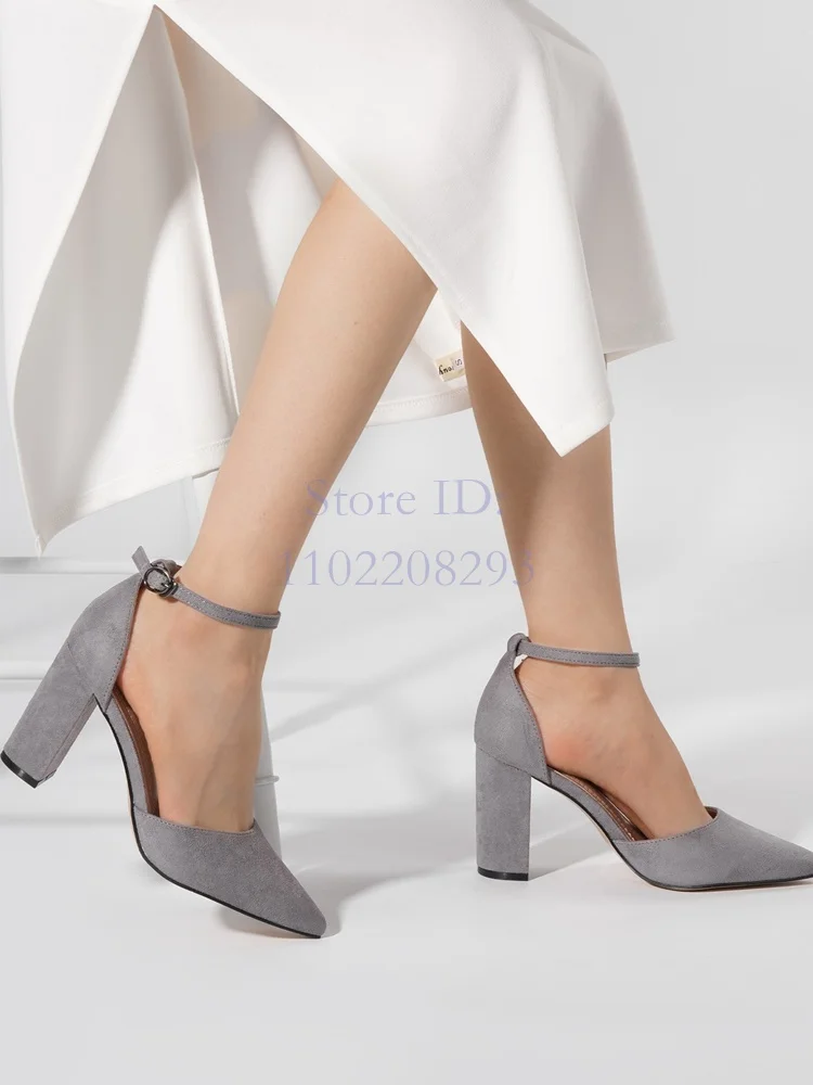 Concise Gray Buckle Straps Pumps Solid Pointed Toe Cover Chunky Heeled Sandals 2025 Office Lady Dress Shoes New Arrival Elegant