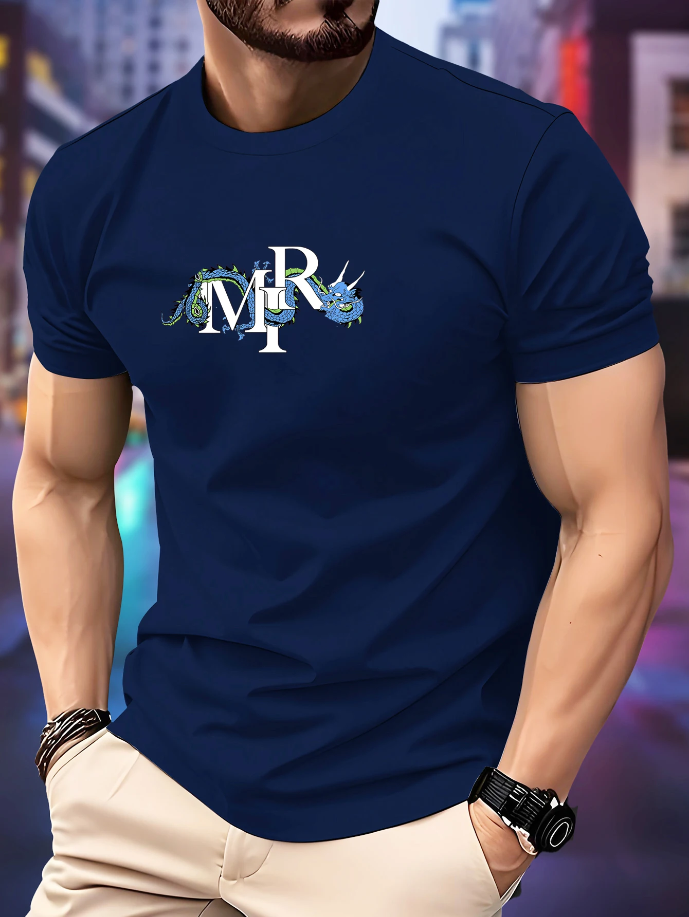 

New round Neck Running T-shirt Men‘s Summer Thin Top Blue dragon print Quick Dry Short Sleeve Breathable Fitness Sports Wear