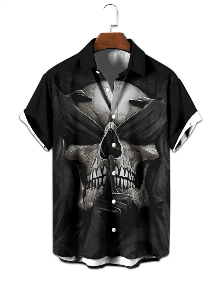 Chemise boutonnée d'impression numérique 3D de crâne de style gothique pour hommes, mode de rue d'Halloween, loisirs d'été, chemise à manches courtes