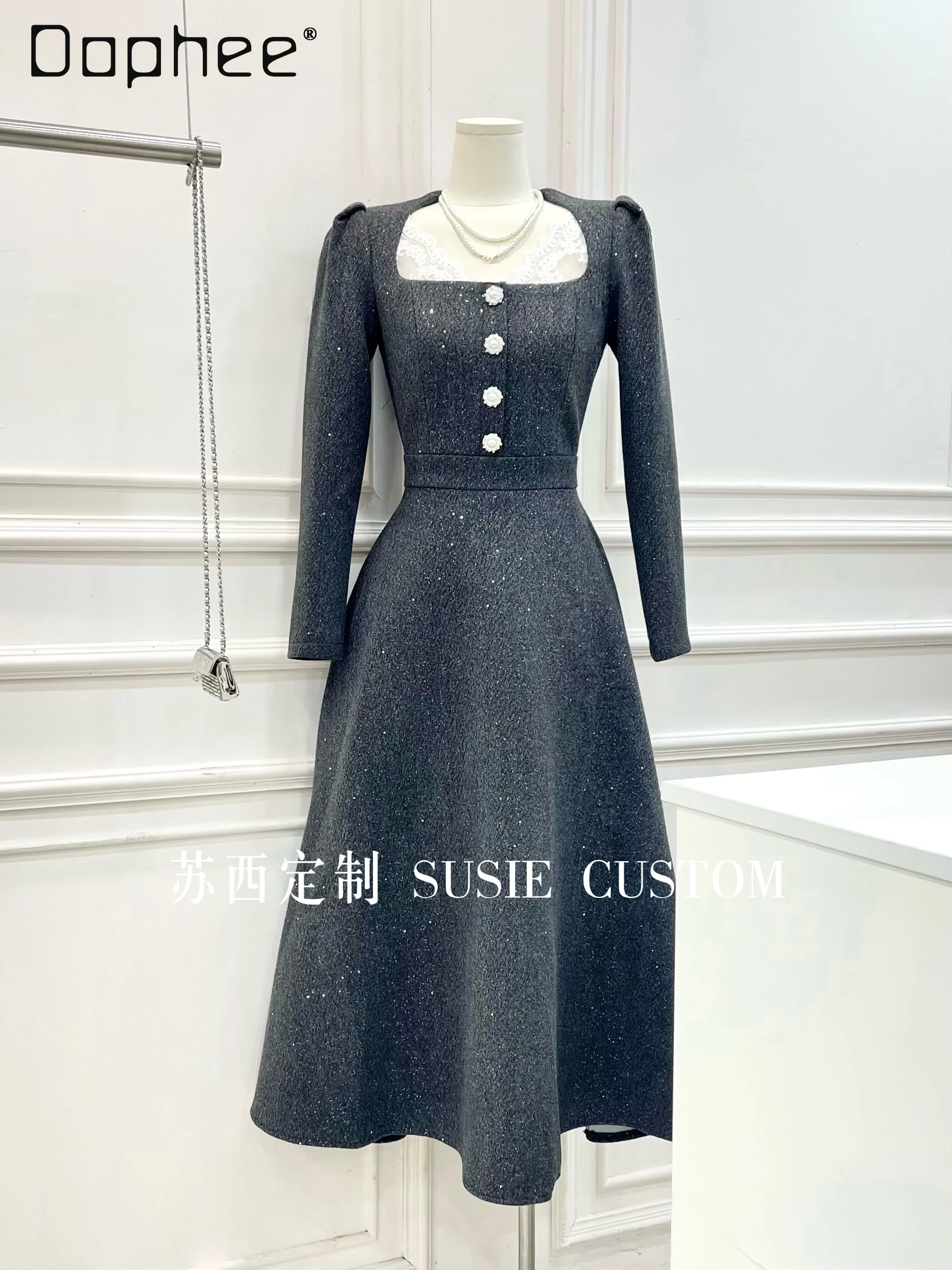 

High-end French Retro Square Neck Patchwork Lace Trim Single-breasted Shiny Slim Flared Woolen Dress Coat Evening Gown New Year