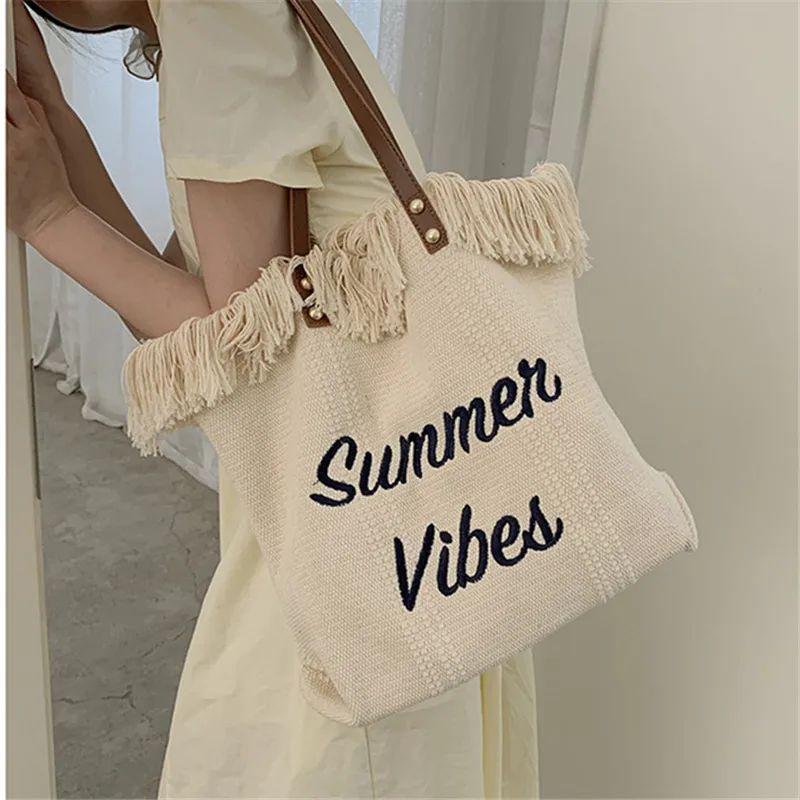 

Casual Canvas Women Handbags Fashion Letters Shoulder Crossbody Bags Female Large Capacity Tote bags embroidery tassel Bag 2022