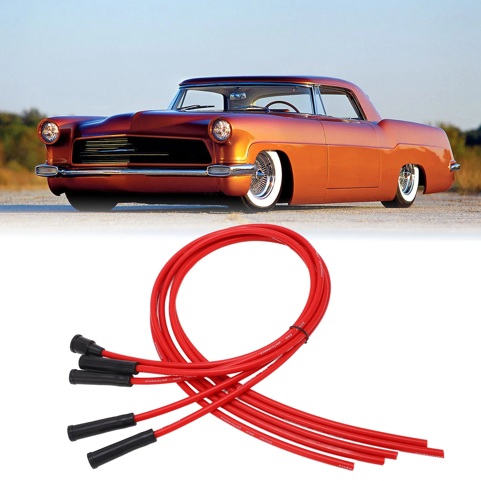 Juego de cables de encendido de bujía, cable de encendido de coche de silicona rojo de alto rendimiento de 1m para automóvil de 4 cilindros de 8mm