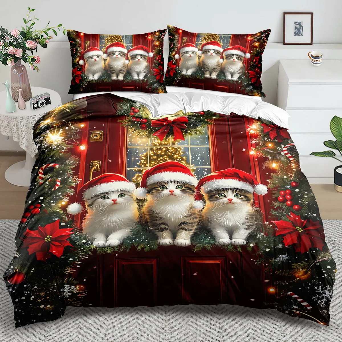 Cat-themed duvet cover set, Christmas gift bedding, mattress protector, breathable polyester material (includes 1 fitted sheet + 2 pillowcases), mattress protector, fitted sheet style with elastic, protective cover, mattress protector, fitted sheet bedding, Christmas-themed bedding