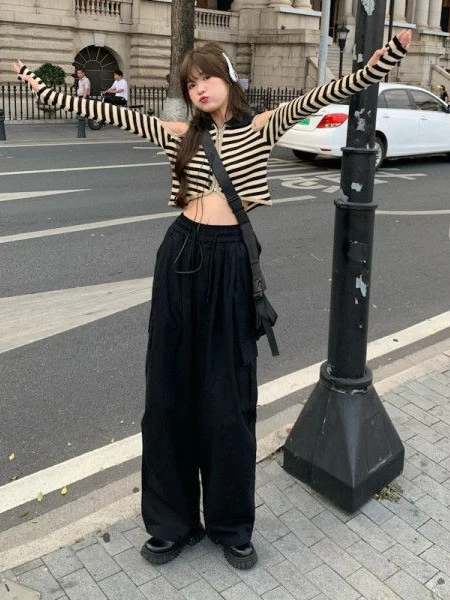 Cargo Pants Womens Navy Spring Canvas A-line Pleated Embossed Patterned Uniforms Folk Gift Students School Lovely Present Casual