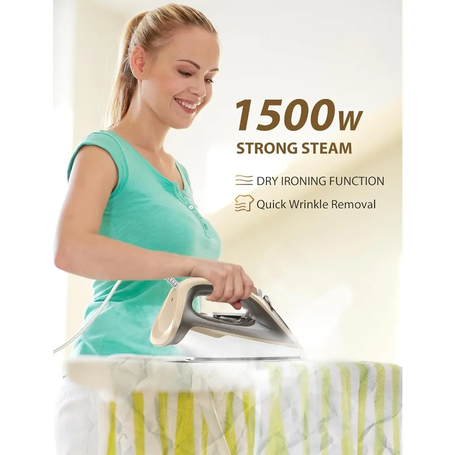 Plancha de vapor de 1500W para ropa con tanque de agua de 11,84 oz, suela de cerámica de calentamiento rápido de 15 segundos, goteo, apagado automático, ráfaga de vapor
