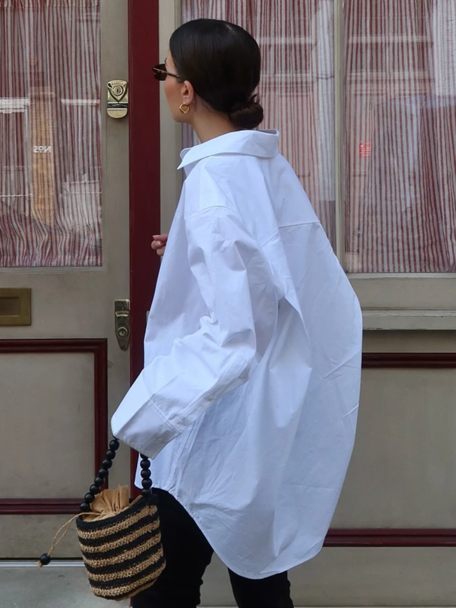Wolfeel 여성용 미니멀리스트 화이트 긴팔 셔츠 신상 가을 라펠 싱글 브레스티드 셔츠 면 루즈 블라우스