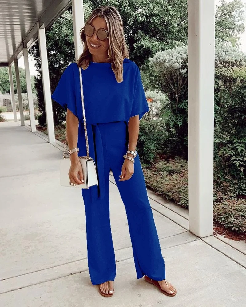 2023 New Loose Casual Lace Up Short Sleeves Jumpsuits Women Summer Solid Color Pockets Mature Wide Leg Pants Rompers OL Female