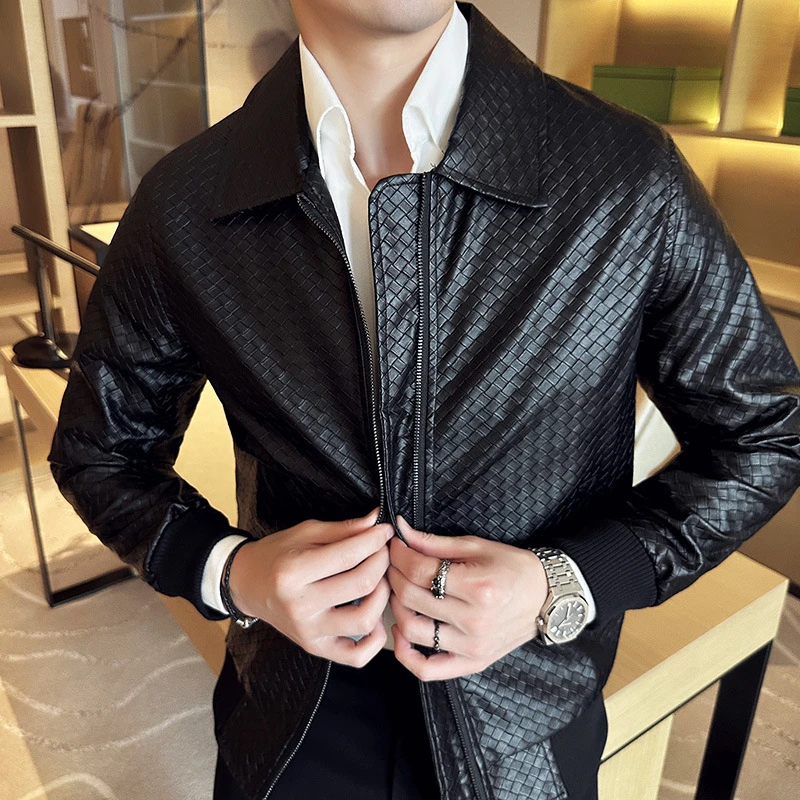 High Quality Woven Leather Jacket for Men Autumn Winter Lapel Casual Business Motorcycle Jacket Streetwear Social Overcoat 2023