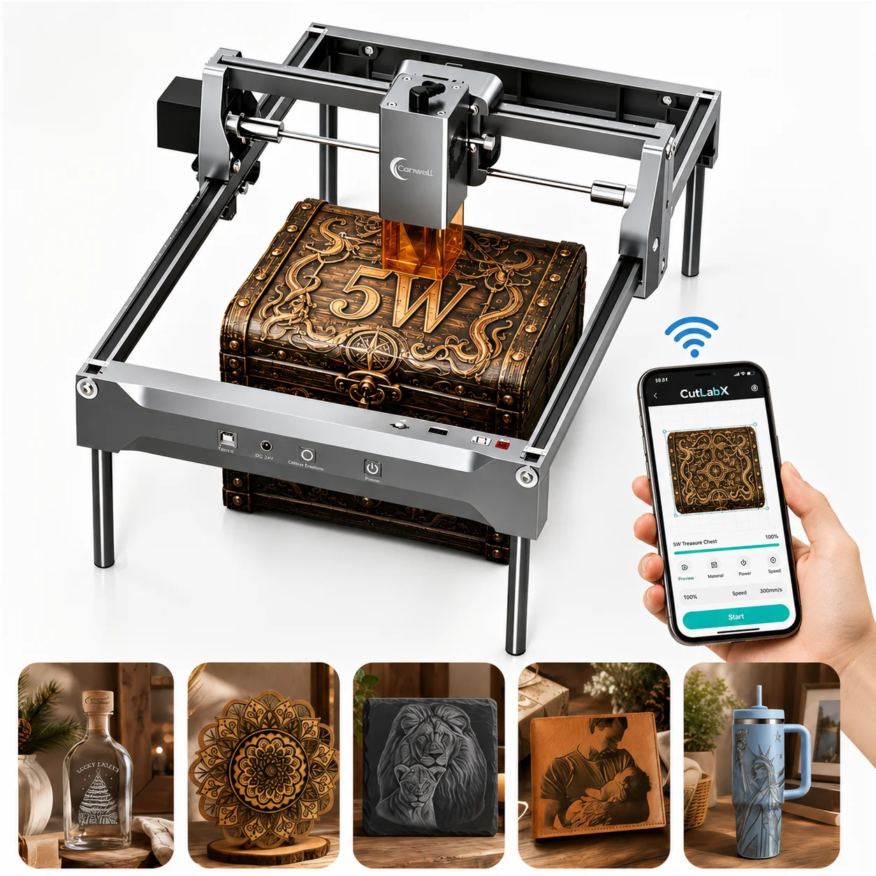 Carverall K15PRO Desktop-Lasergravierer und -Schneidegerät, 200x300mm A4 Arbeitsbereich, 0,01mm Präzision, 15000mm/min Höchstgeschwindigkeit, WLAN-App-Steuerung, Offline-Gravur, für Holz, Acryl,