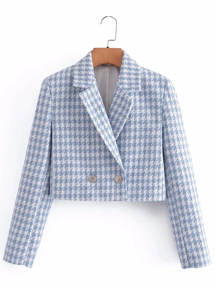 YENKYE  Fashion Women Double Breasted Tweed Crop Blazer Coat Vintage Long Sleeve Elegant Jacket Female Outerwear