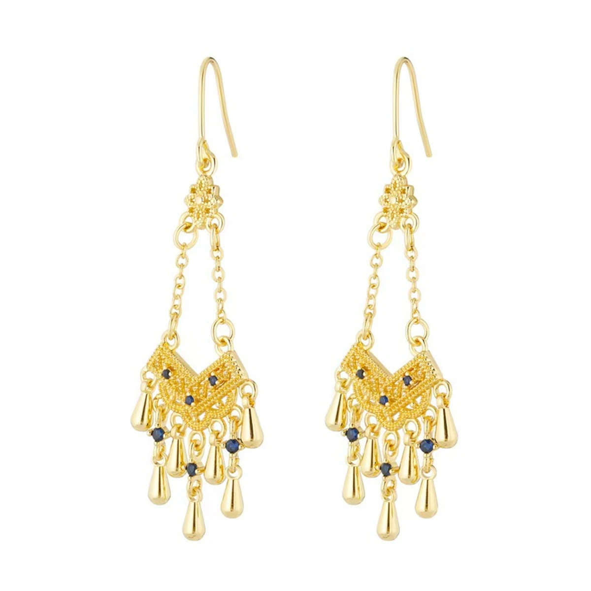 

Retro ethnic style peacock fringed water drop earrings women's personality temperament gold earrings