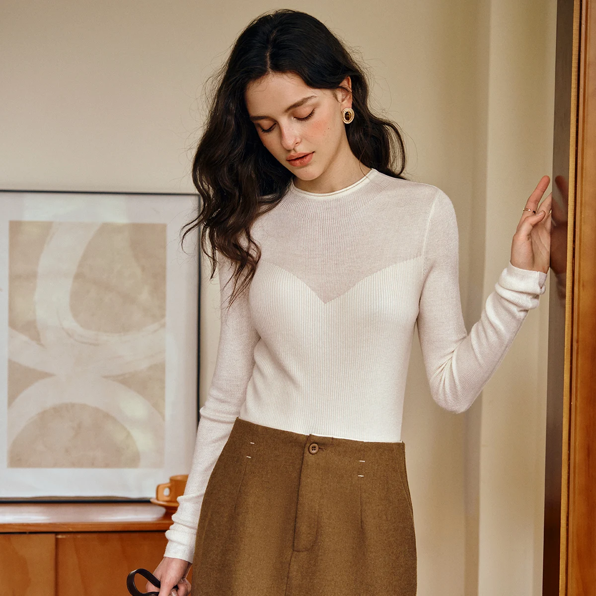 OLrain Women's Clothing Mock Neck Office Lady Knitted Sweater  Autumn 2025 New Simple Sexy Top O57QZ000580