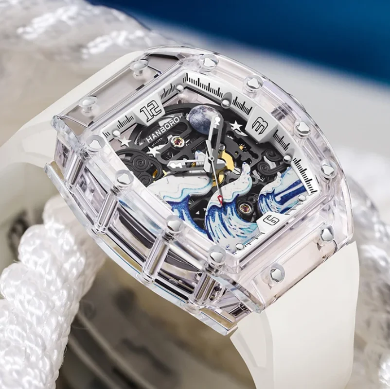

HANBORO Мужские автоматические часы 42,5 мм Механические наручные часы Tonneau Светящийся акриловый корпус Светящийся скелетный волнистый циферблат