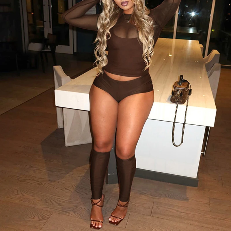 

OMSJ 4-х предметная одежда Hottie Club High Street в тон, сетчатая футболка с длинными рукавами + жилет на бретелях + тонкие шорты + гетры, сексуальный спортивный костюм