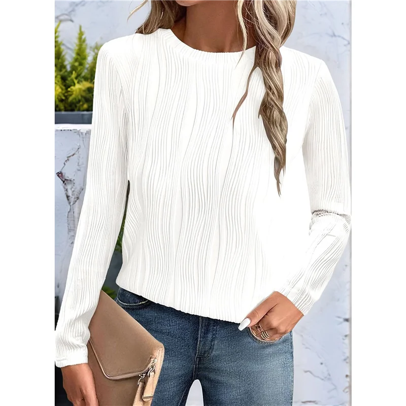 เสื้อยืดแขนยาว AG สำหรับผู้หญิง สไตล์ลำลอง คอกลม ผ้าถักลายริบ เสื้อเบลาส์ทันสมัยสำหรับฤดูใบไม้ร่วง