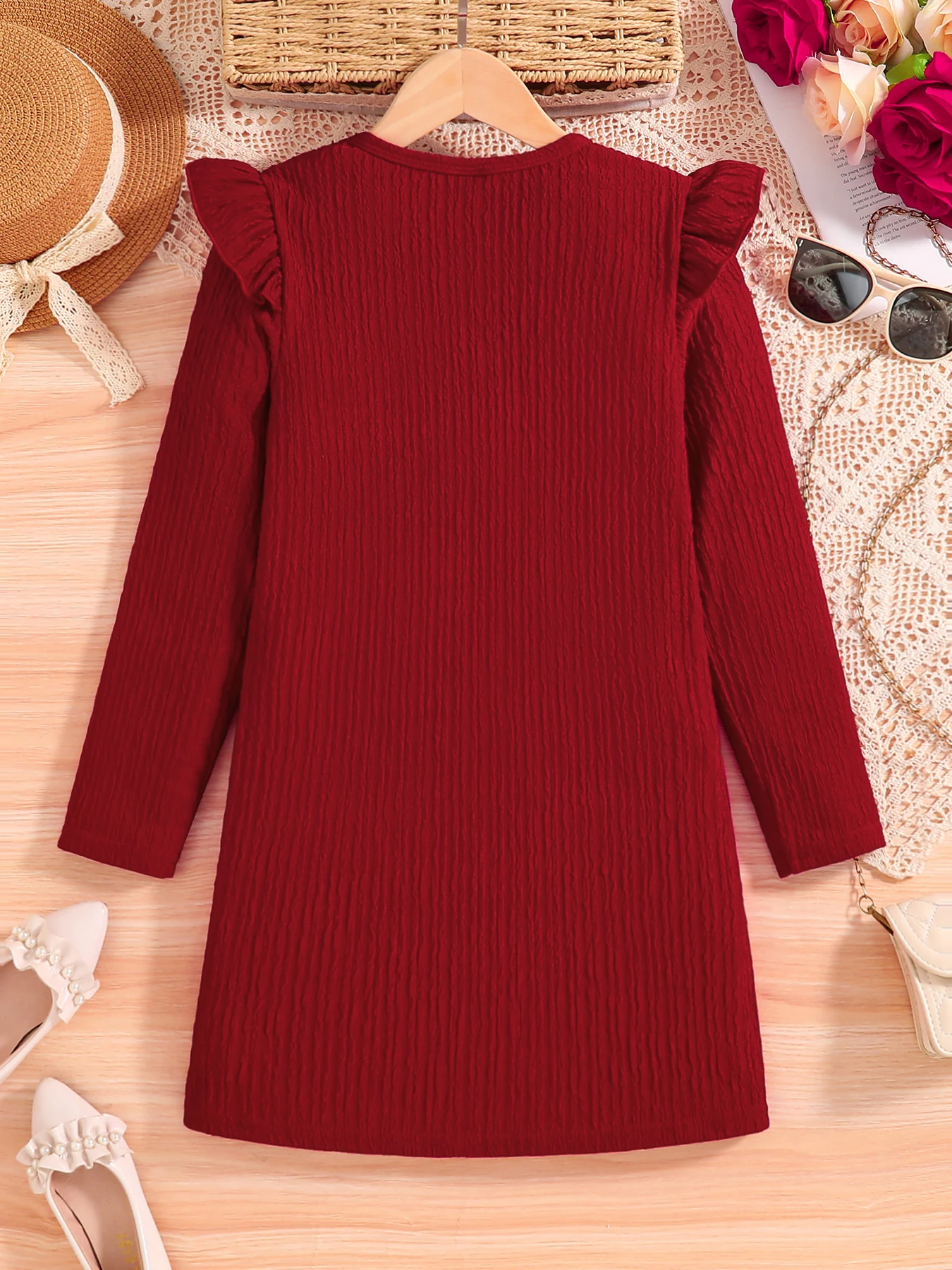 Girls' Autumn Pure Color round Neck Long Sleeve Dress Casual Knee-Length Single Piece