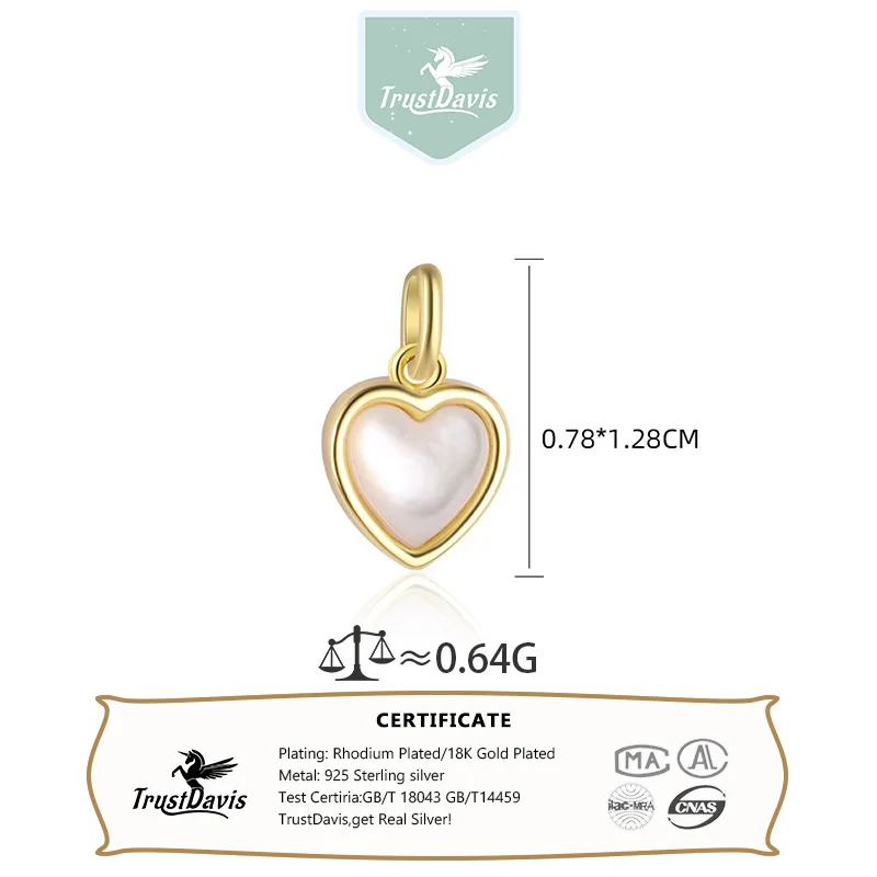 Trustdavis Real 925 Silver Feshion Heart-shaped White Shell Pendant DIY Accessories for Women Daily Wear Jewelry Gift DS4862