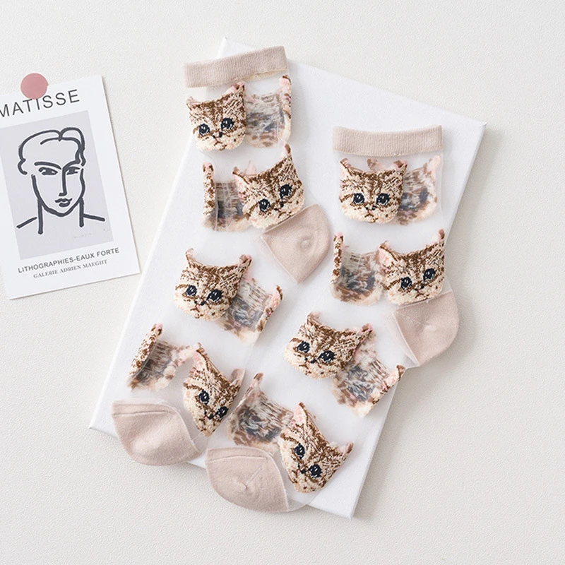 3 Pairs = 6Pieces Cool Transparent Cute Cat Women Socks Breathable Ladies Summer Thin Kawaii Silk Socks For Women Dropshipping