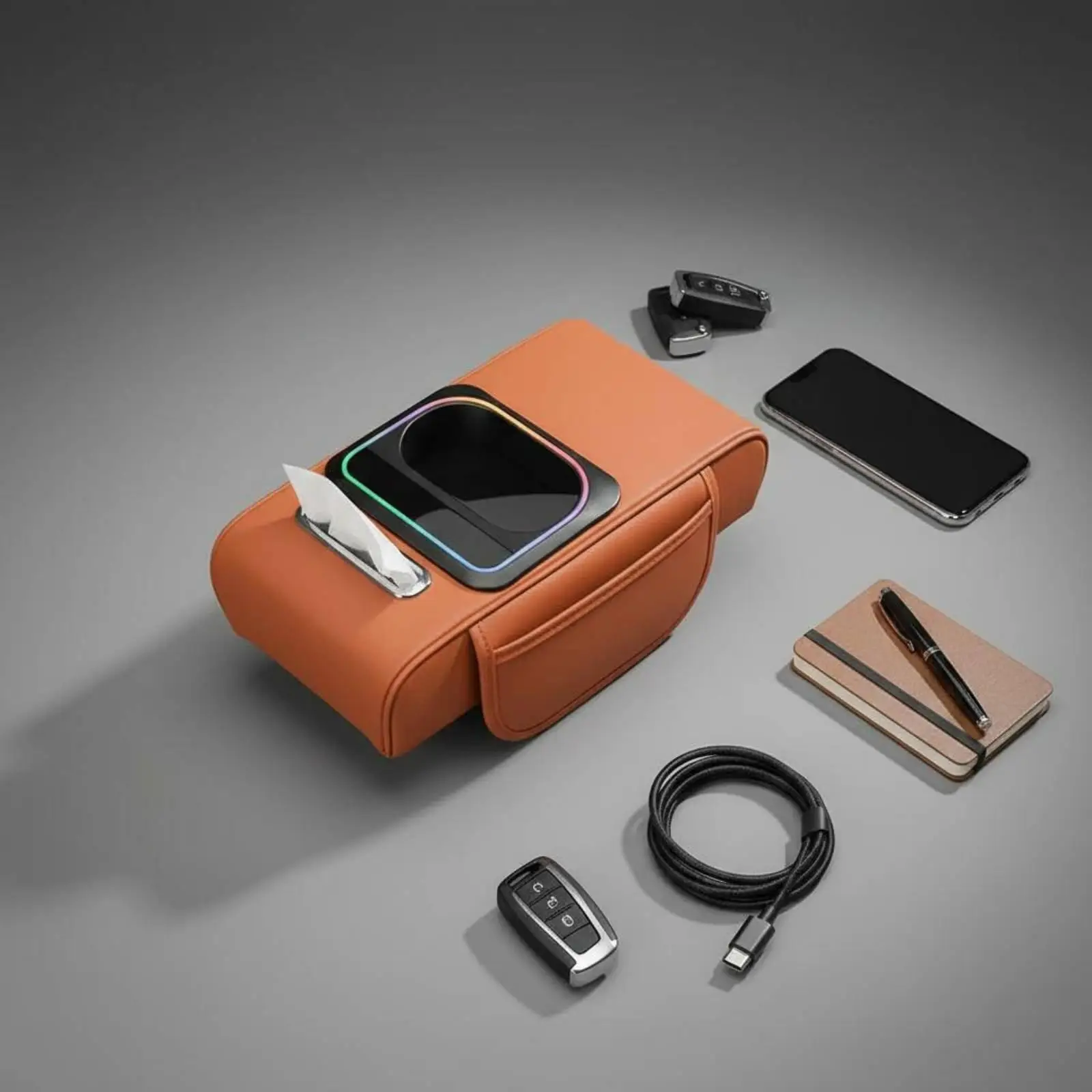Car Armrest Console Leather Heightening Cushion Organizer with USB C Rapid Charge Cup Holder Tissue Case and Ambient Glow for