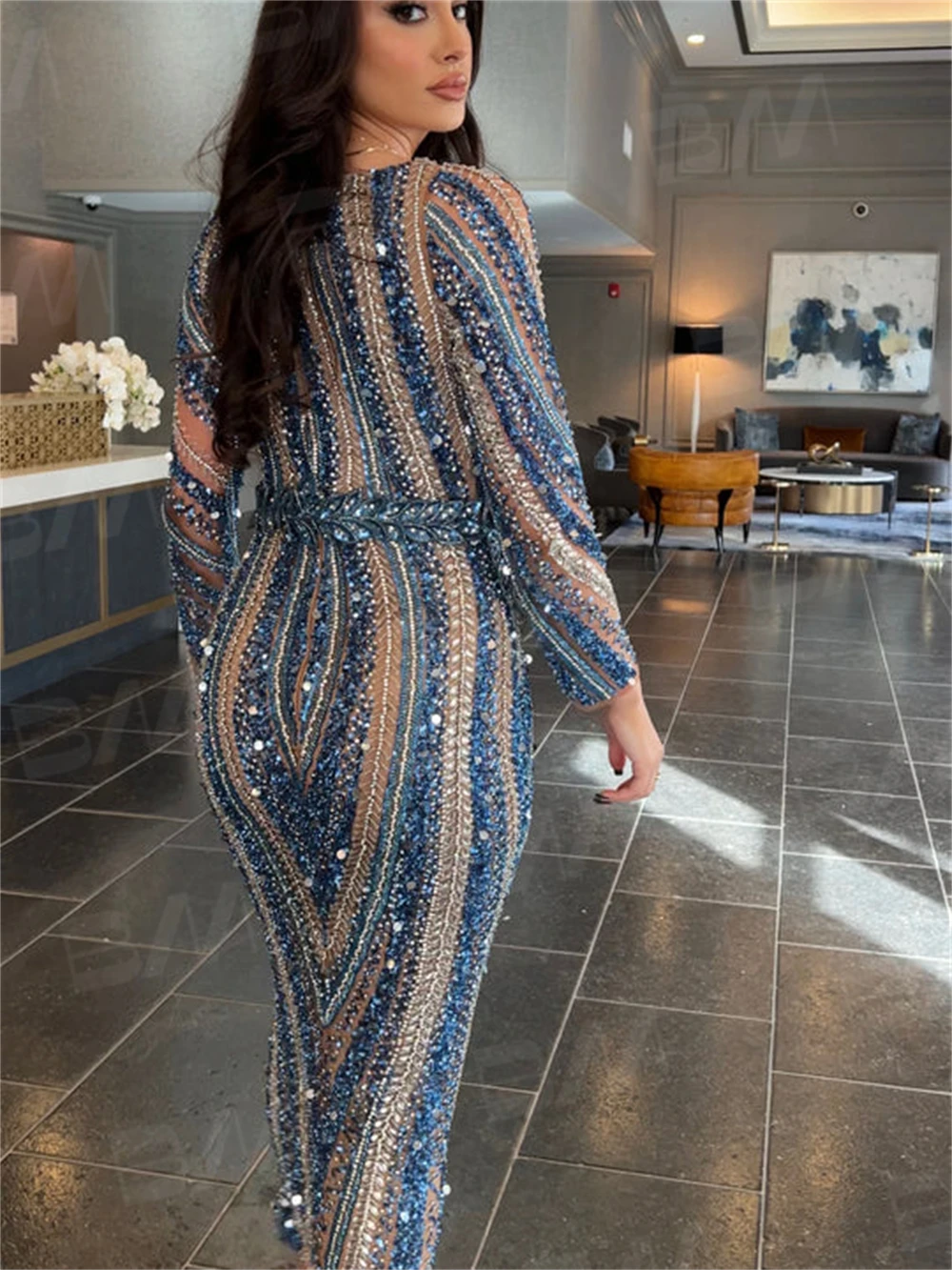 Blue Beaded Sheath Formal Occasion Dress Long Sleeve Prom Dress Elegant O Neck Sexy Illusion Women Couture Women Maxi Party Gown