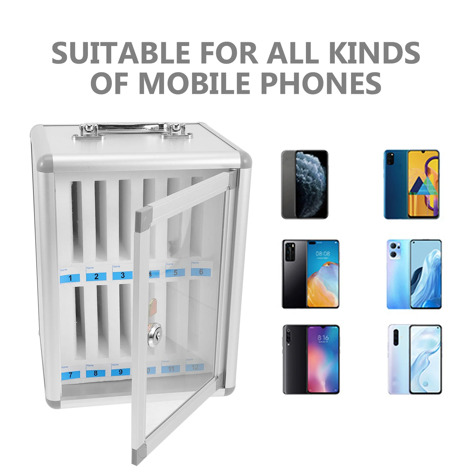 

Cell Phone Locker Box Alloy Fiberboard Anti-Pressure Wall-Mounted Safety Lock Numbered Slots Built-In Pearl Cotton Phone