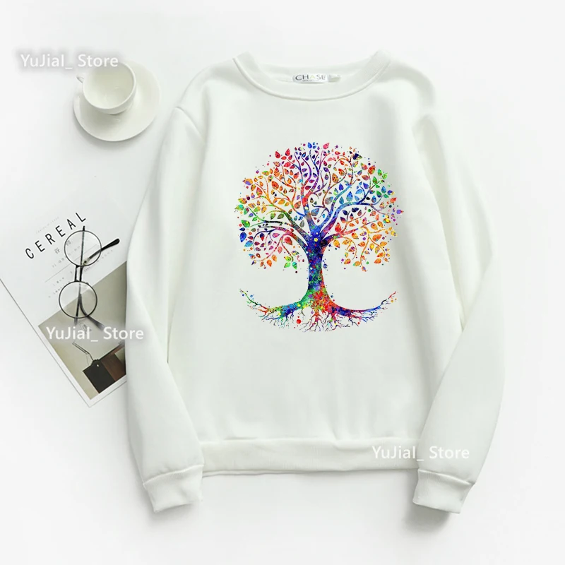 Watercolor Tree Of Life Printed Sweatshirt Women Clothes 2022 Funny Artistic White/Prink/Gray Hoodies Harajuku Jumper Tops