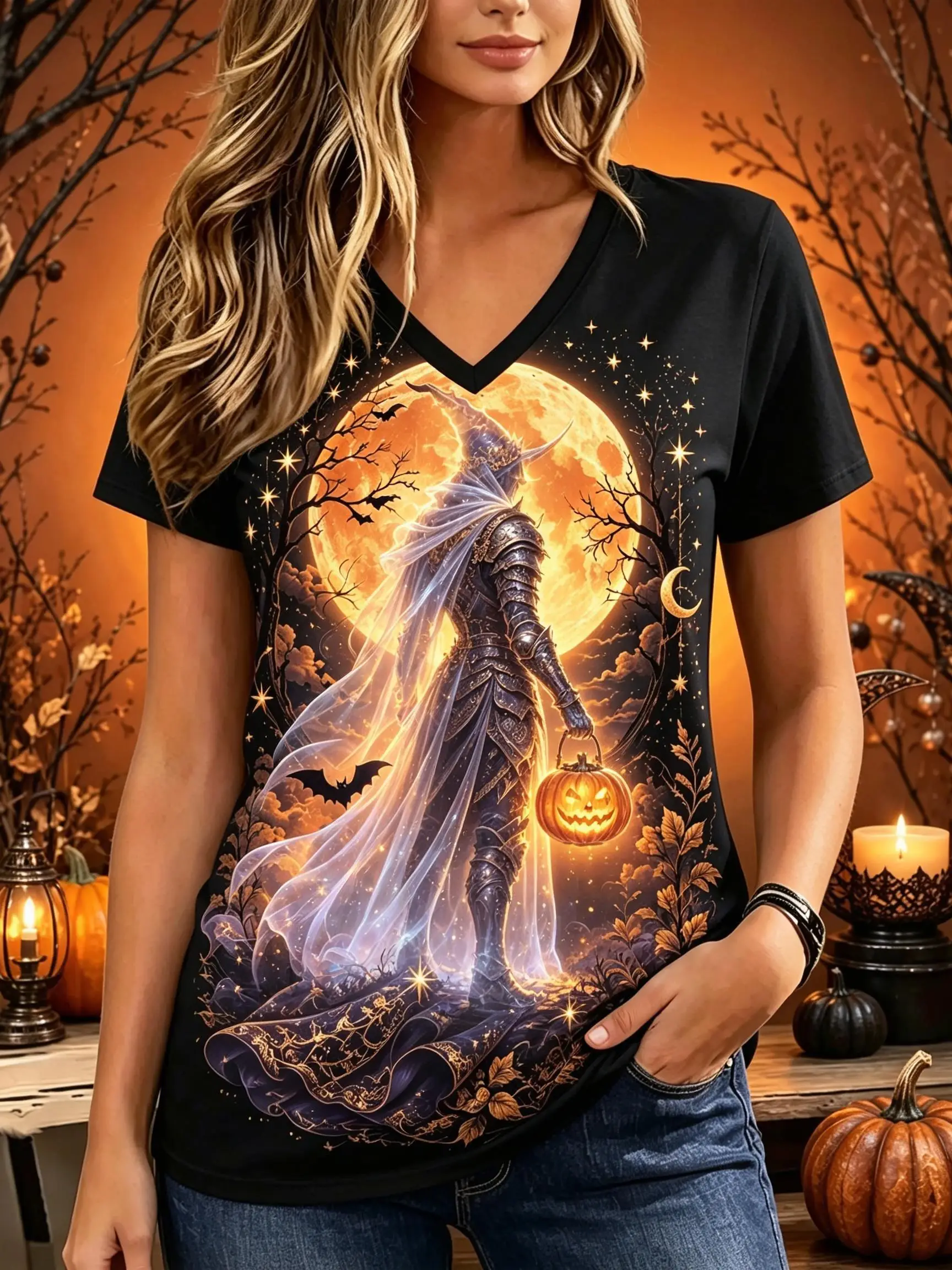 Women V‑Neck Short Sleeve T‑Shirt Halloween Fantasy Print Tee Warrior Hunter Full Moon Owl Bat Pumpkin Graphic Ladies Top