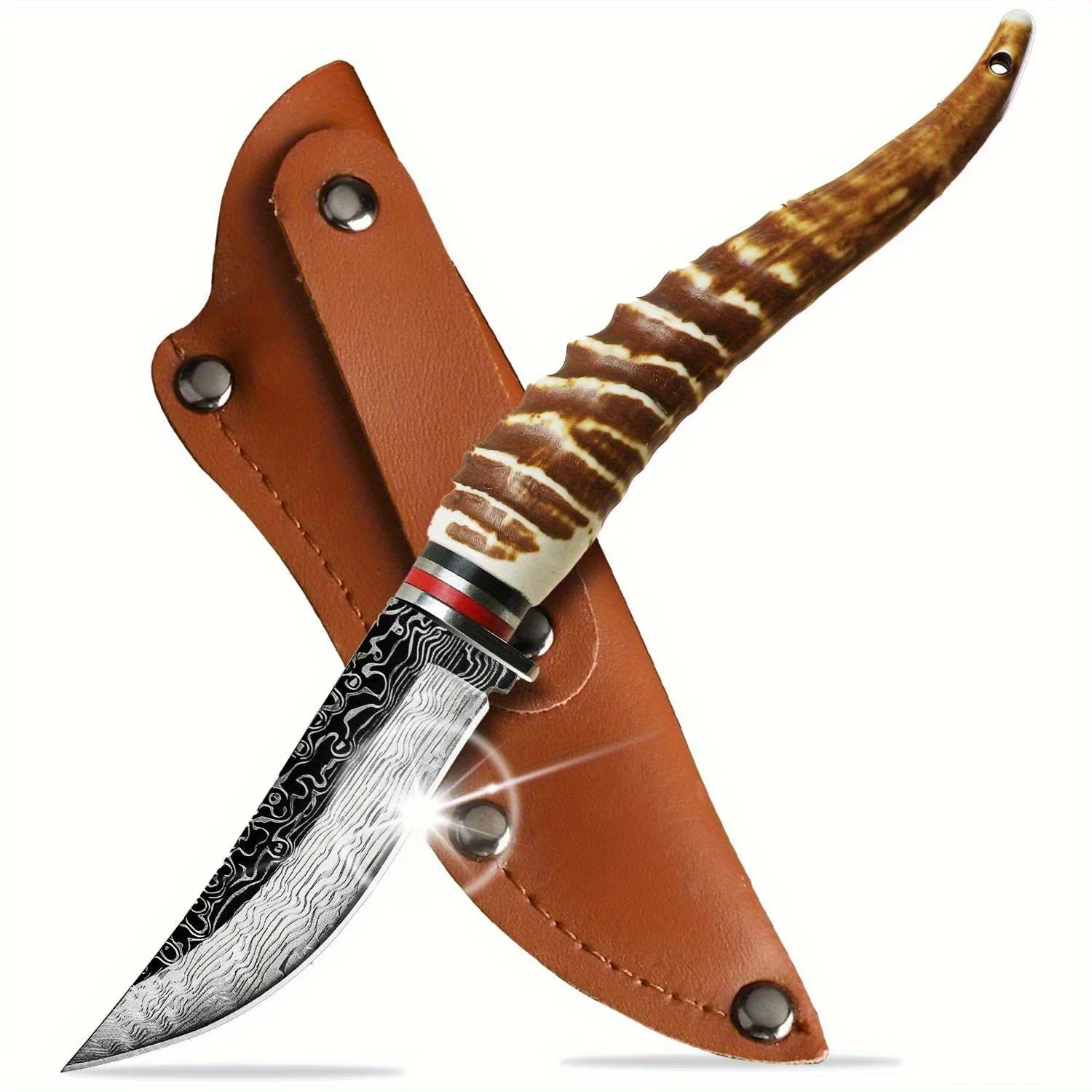 Cuchillo Damasco multifuncional forjado a mano con mango antideslizante, utilizado para cortar carne, frutas, acampar al aire libre, con funda para cuchillo
