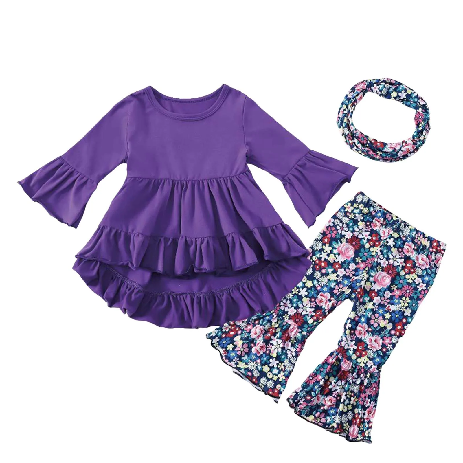 

18 Month Girl Clothes Baby Girls Set Fashion Sweet Flower Prints Long Sleeved Top Bell Bottoms Hairband Casual Three Girl Romper